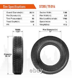Set 2 205 75 14 Trailer Tires 6Ply Heavy Duty ST205/75D14 205/75/14 Replace Tire