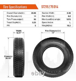 Set 2 215 75 14 Trailer Tires 6Ply Heavy Duty ST215/75D14 215/75/14 Replace Tire